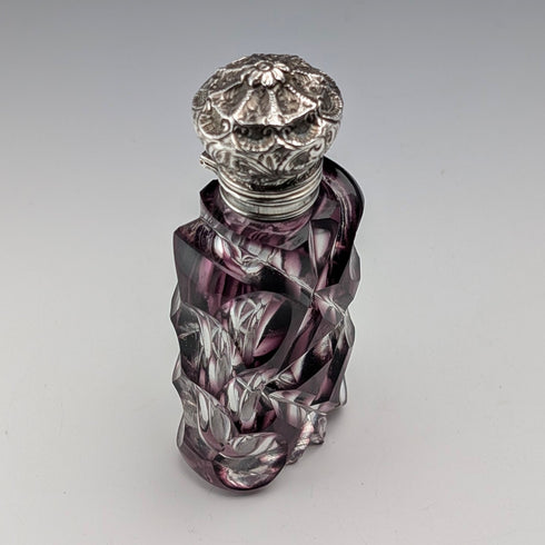 Antique British 800 Silver Lid Purple Cut Glass Portable Perfume Bottle